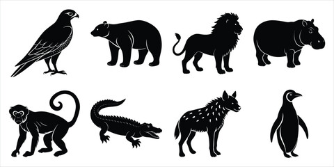 Wild animals silhouette set. Wildlife animals vector illustration