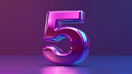 Glossy number five reflecting purple and blue hues under vibrant neon lighting