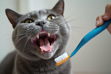 A human playfully tries to brush a cat's teeth with a toothbrush. The cat, with eyes wide open and mouth open, looks curious or slightly frightened by this interaction. 