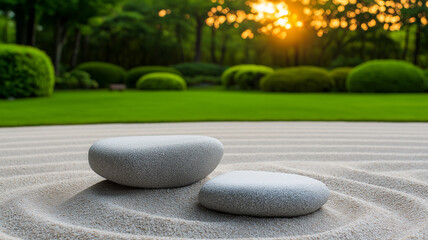 Serene Japanese rock garden at sunset with smooth stones and raked sand, creating peaceful atmosphere. warm glow of sun enhances tranquil setting