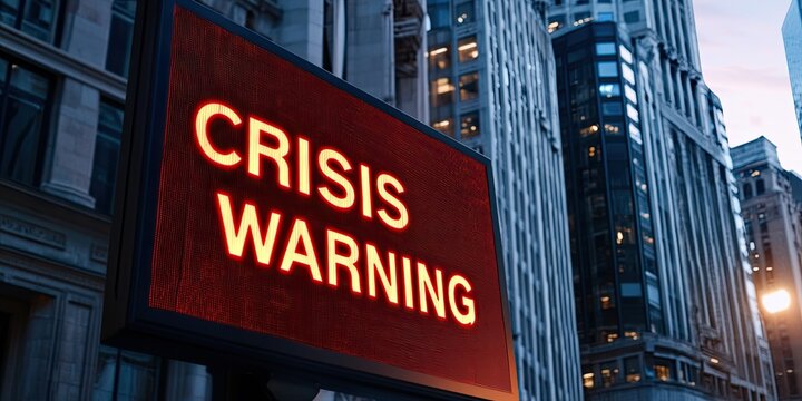 A digital sign displays "Crisis Warning" in bright letters against a cityscape backdrop during twilight, signaling urgency and alertness.