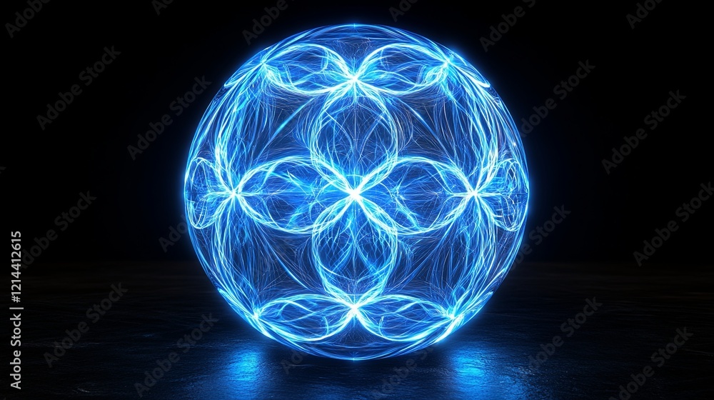 Poster vibrant blue light sphere representing energy flow and geometric patterns in a dark setting. generat