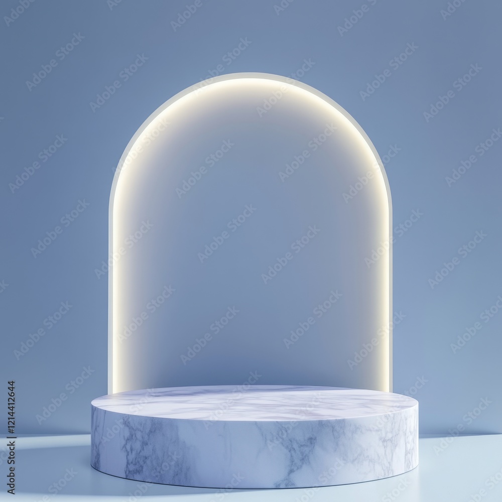 Poster minimalist display podium with soft neon light in calm setting