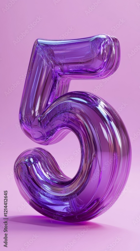 Poster 3d rendering of an inflated purple number five on a pink background, perfect for illustrations or we