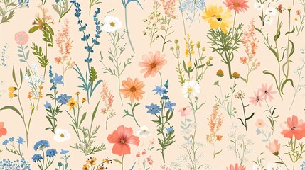 A delicate floral pattern with pastel-colored flowers and leaves on a light cream background.