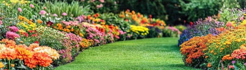 Colorful flower garden border, green lawn, summer. Website banner