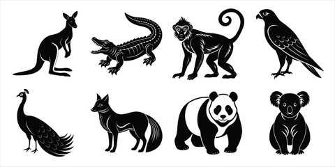 Wild animals silhouette set. Wildlife animals vector illustration