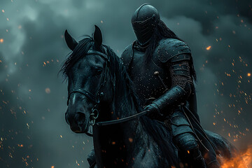 Fototapeta premium A knight in full armor mounted on a majestic warhorse, ready for battle. The scene is dramatic and charged with energy