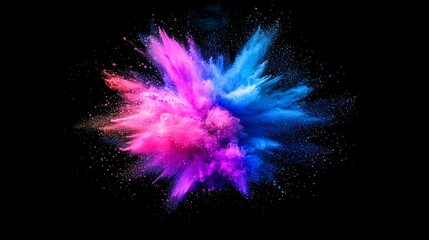 Fototapeta premium Vibrant pink, blue, and purple powder explosion on black background.