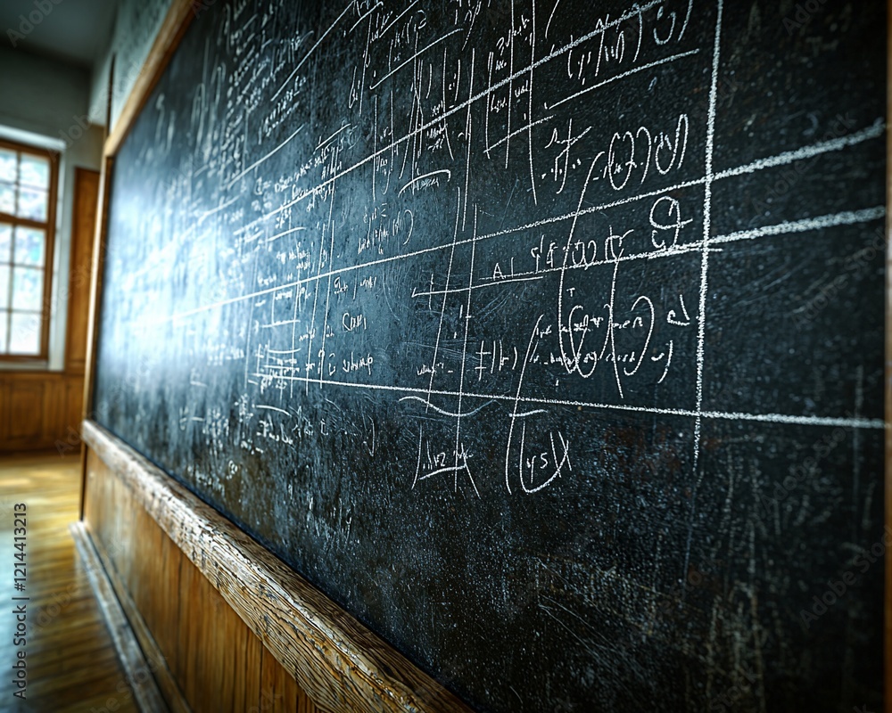 Poster large chalkboard filled with complex mathematical equations and formulas, in a classroom setting.