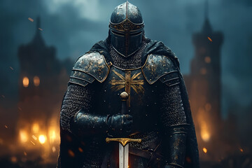 A knight in shining armor standing tall with a sword in hand, a majestic castle glowing in the background. A symbol of honor and courage