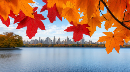 Vibrant autumn leaves frame serene lake view of city skyline, showcasing beauty of nature in urban setting. warm colors evoke sense of tranquility and seasonal change
