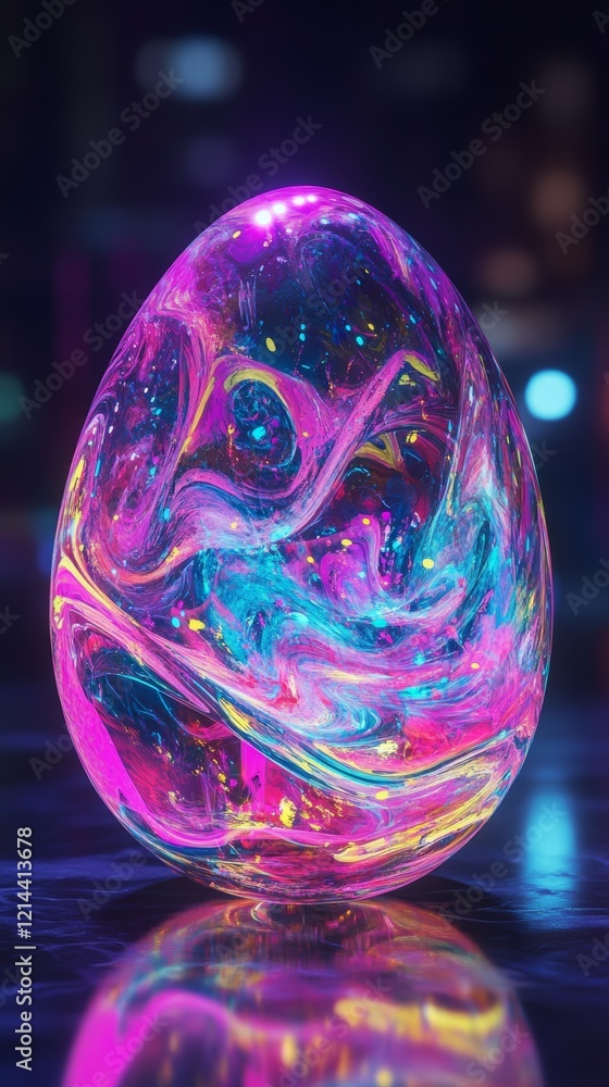 Poster luminous egg-shaped object reflecting kaleidoscopic patterns on glossy surface, neon urban backdrop 