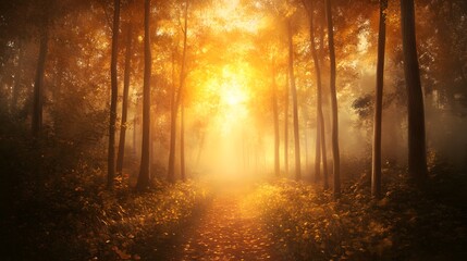 Naklejka premium Golden Autumn Forest Path Misty Sunlight Fall Trees