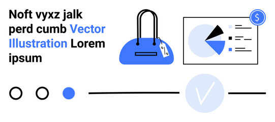 Elegant blue handbag with a price tag, a data analysis graph with pie charts, and a checkmark in a minimalistic flat design. Ideal for e-commerce, shopping, fashion, business analytics, data