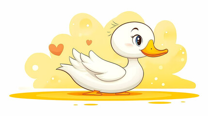 Adorable white duckling on yellow background, hearts nearby.