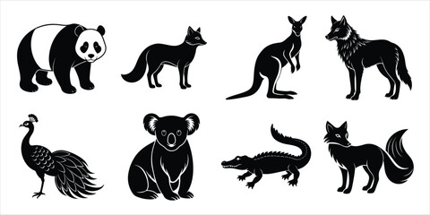 Wild animals silhouette set. Wildlife animals vector illustration