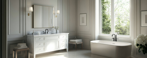 Elegant bathroom featuring marble vanity, modern fixtures, and natural light. serene atmosphere is enhanced by large windows and minimalist decor