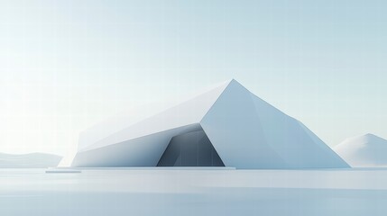 Arctic Minimalism: A stark, geometric structure, rendered in pristine white, stands solitary against a vast, minimalist landscape under a pale sky.