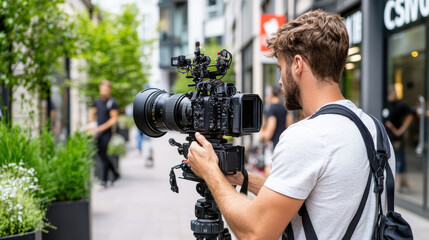 film crew member capturing scene with camera in urban setting