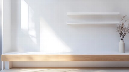 Minimalist Interior Design: A modern, minimalist living room with a simple wooden bench, sleek white shelves, and natural light streaming through the window, creating a serene and inviting ambiance.