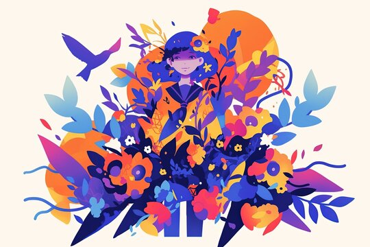 Schoolgirl amidst vibrant floral nature scene with birds, abstract background, suitable for educational content