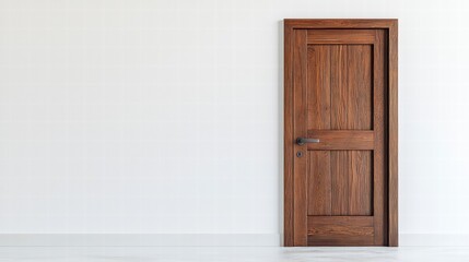 Closed Wooden Door Against White Wall: A rich, dark brown wooden door with a simple panel design stands elegantly against a plain white wall, suggesting possibilities and new beginnings.