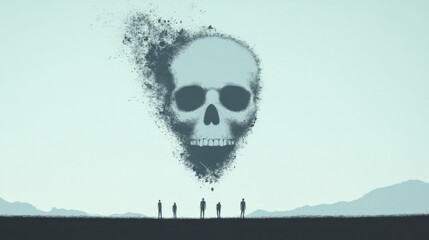Disintegrating skull above silhouetted figures in a desolate landscape.