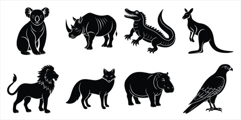 Wild animals silhouette set. Wildlife animals vector illustration