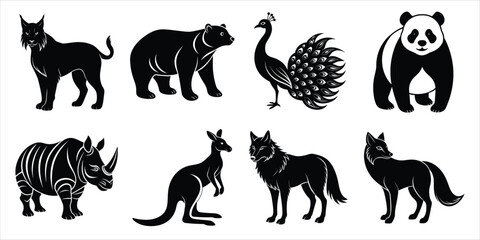 Wild animals silhouette set. Wildlife animals vector illustration