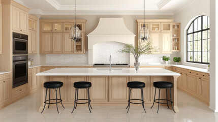 Elegant kitchen with light oak cabinets, white stone countertops, and modern appliances, creating warm and inviting atmosphere