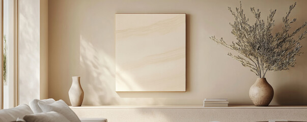 Elegant living room with warm beige walls, minimalist decor, and natural light. vase with greenery complements serene atmosphere
