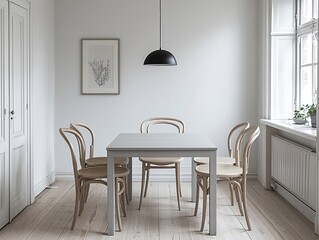 A modern minimalist interior design in a dining room with white finished walls and dining tables and chairs. Generative AI
