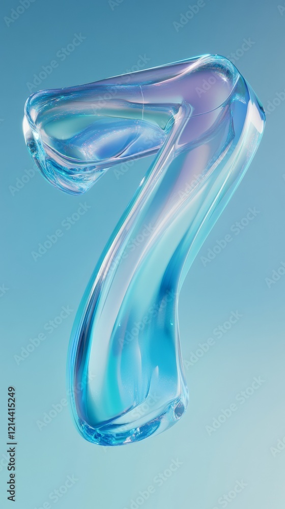 Poster transparent, iridescent number seven floating luminously against soft blue digital rendering backgro