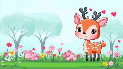 Fototapeta premium Adorable fawn in a blooming meadow, surrounded by hearts.