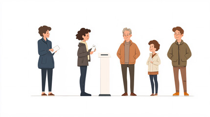 Obraz premium Cartoon-like illustration of a group of people standing in a queue, voting and participating in social interactions to emphasize community, participation and diversity