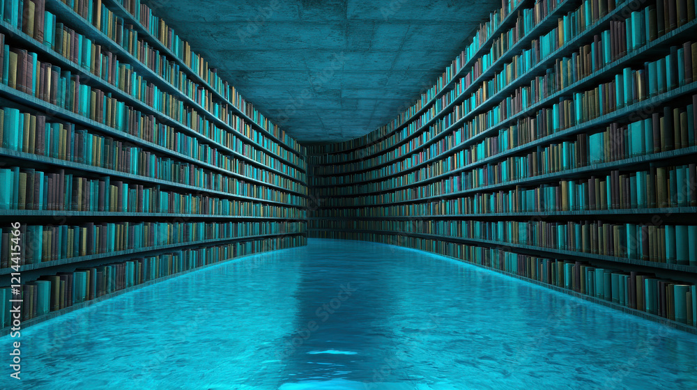 Poster surreal floating library with walls made of books in a tranquil aquatic environment
