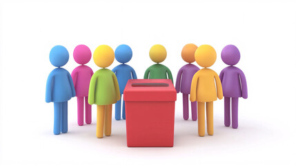 Cartoon-like illustration of a group of people standing in a queue, voting and participating in social interactions to emphasize community, participation and diversity
