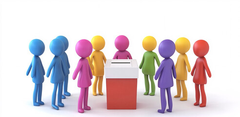 Obraz premium Cartoon-like illustration of a group of people standing in a queue, voting and participating in social interactions to emphasize community, participation and diversity