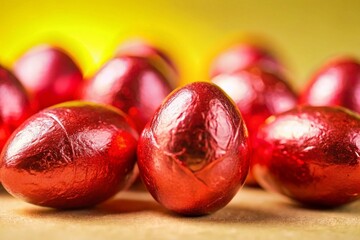 Obraz premium Macro Close-up of Vibrant Red Easter Eggs on Bright Background - Perfect for Festive Greetings