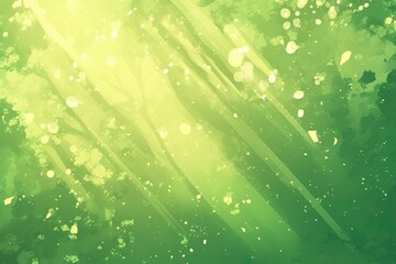 Sunlight streams through green forest canopy with falling leaves