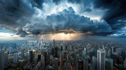 lightning bolt illuminating dark city skyline under stormy clouds