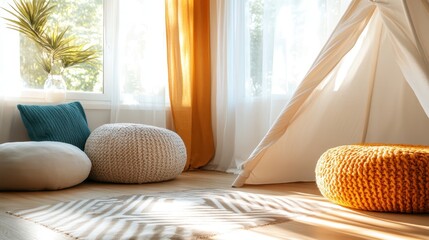 This delightful image depicts a sunlit play area featuring a teepee tent, vibrant cushions, and a soft rug, inviting children to explore their imagination in a cozy environment.
