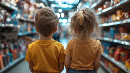 The image portrays two children in bright yellow shirts, standing back to back in a grocery store aisle filled with colorful products, evoking innocence and curiosity.