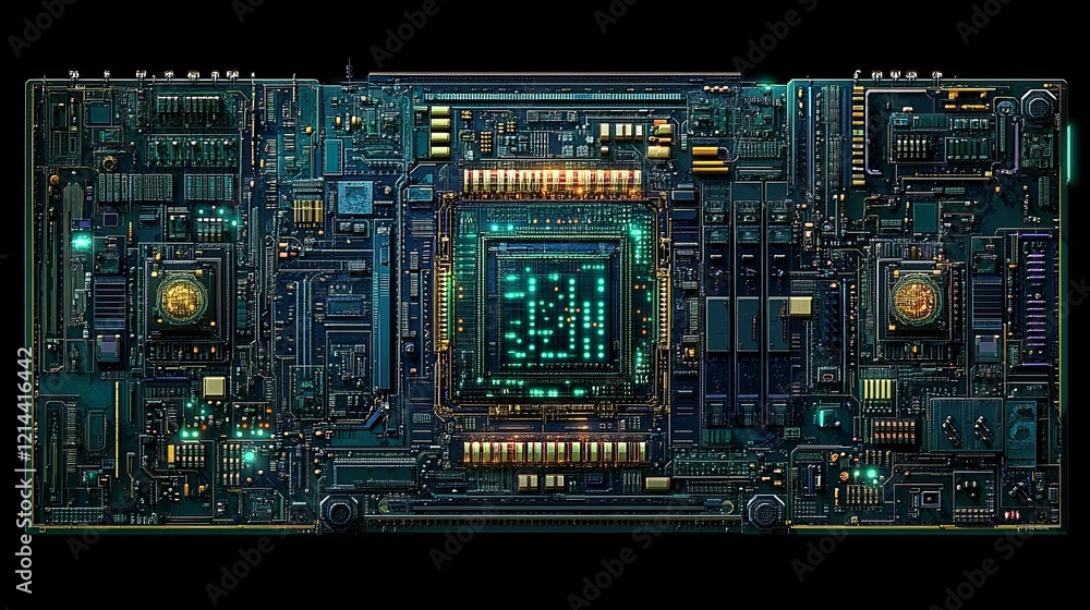 Poster intricate computer circuit board featuring glowing components and a central processor with green lig