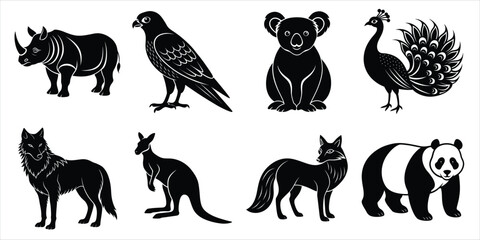 Wild animals silhouette set. Wildlife animals vector illustration