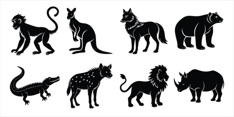 Wild animals silhouette set. Wildlife animals vector illustration