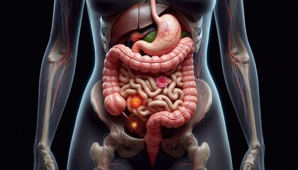 Human stomach cancer in digestive system, gastrointestinal diseases, medical concept. Isolated on black background