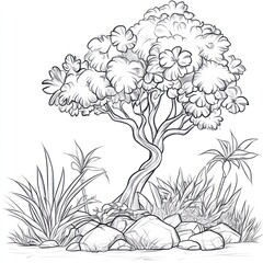 Fototapeta premium A Sketch of a Tropical Tree and Rocks