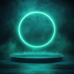Futuristic Neon Circle Background with Product Display Platform